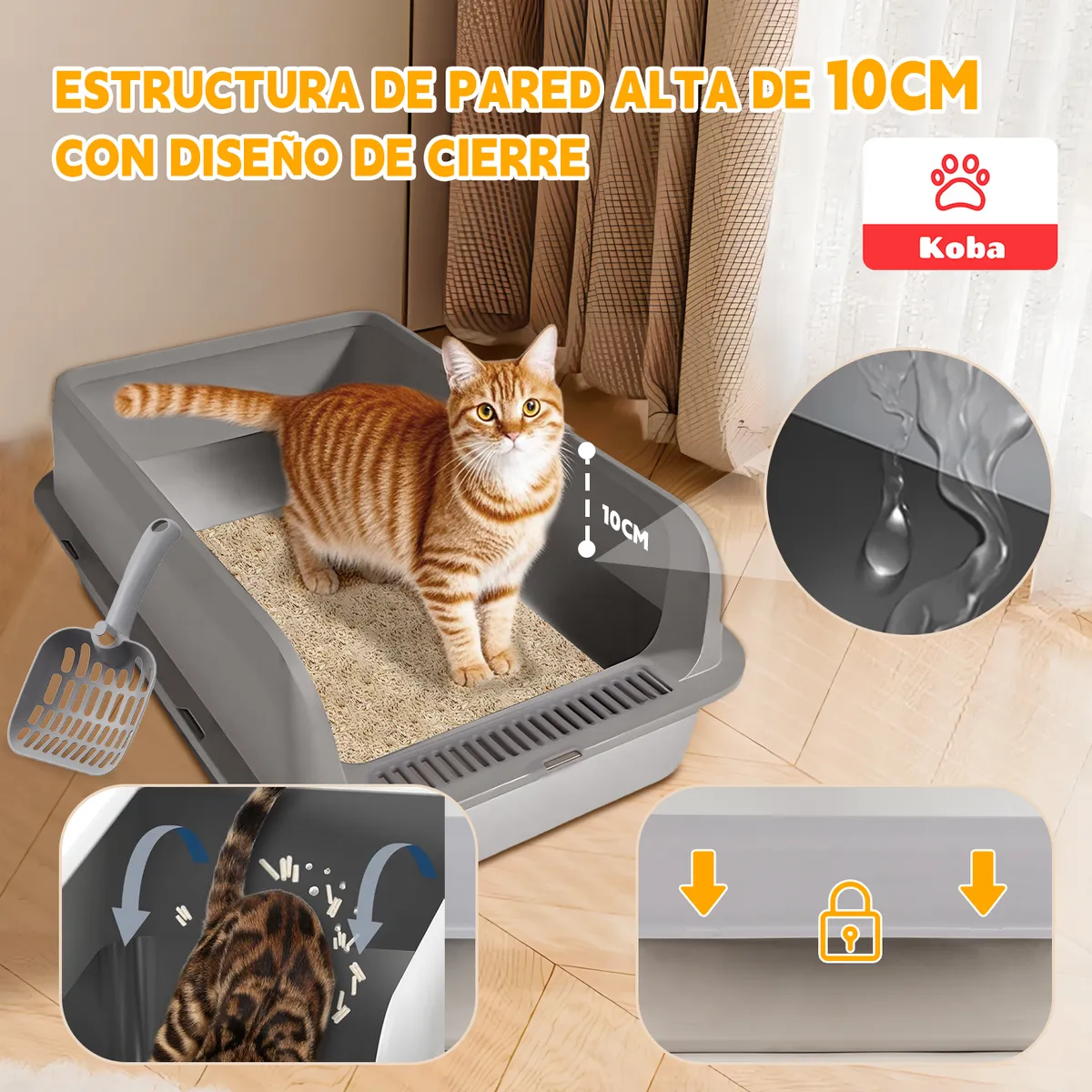 KOBA - Arenero Gatos Grande Baño Sanitario Acero Inox Con Pala Gris