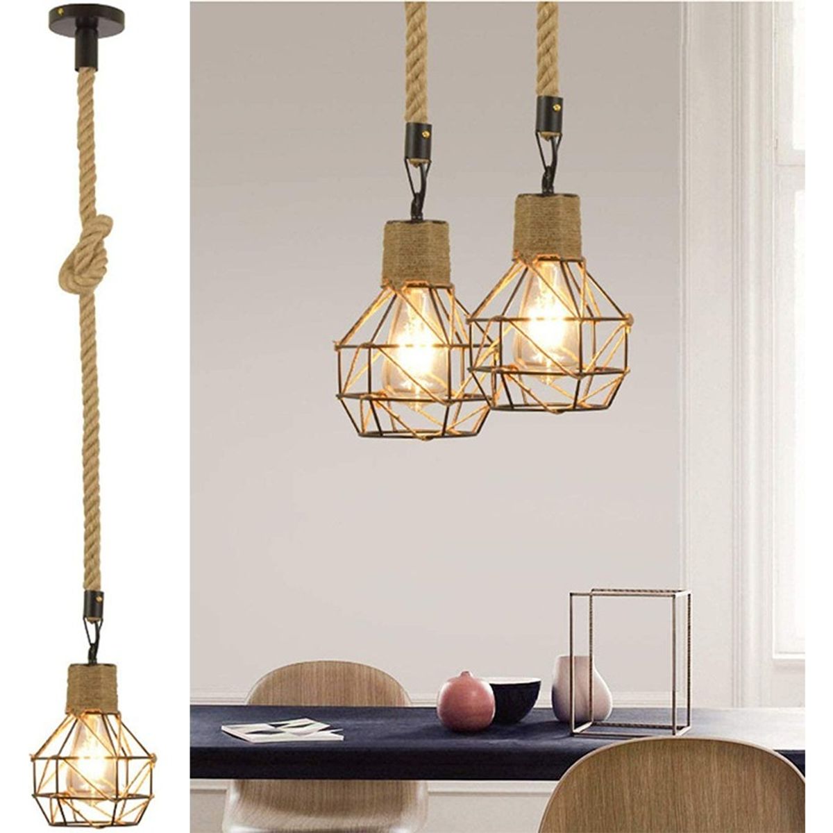 HOME NEAT - Lámpara de Techo Vintage 15 cm con Cuerda de Cáñamo