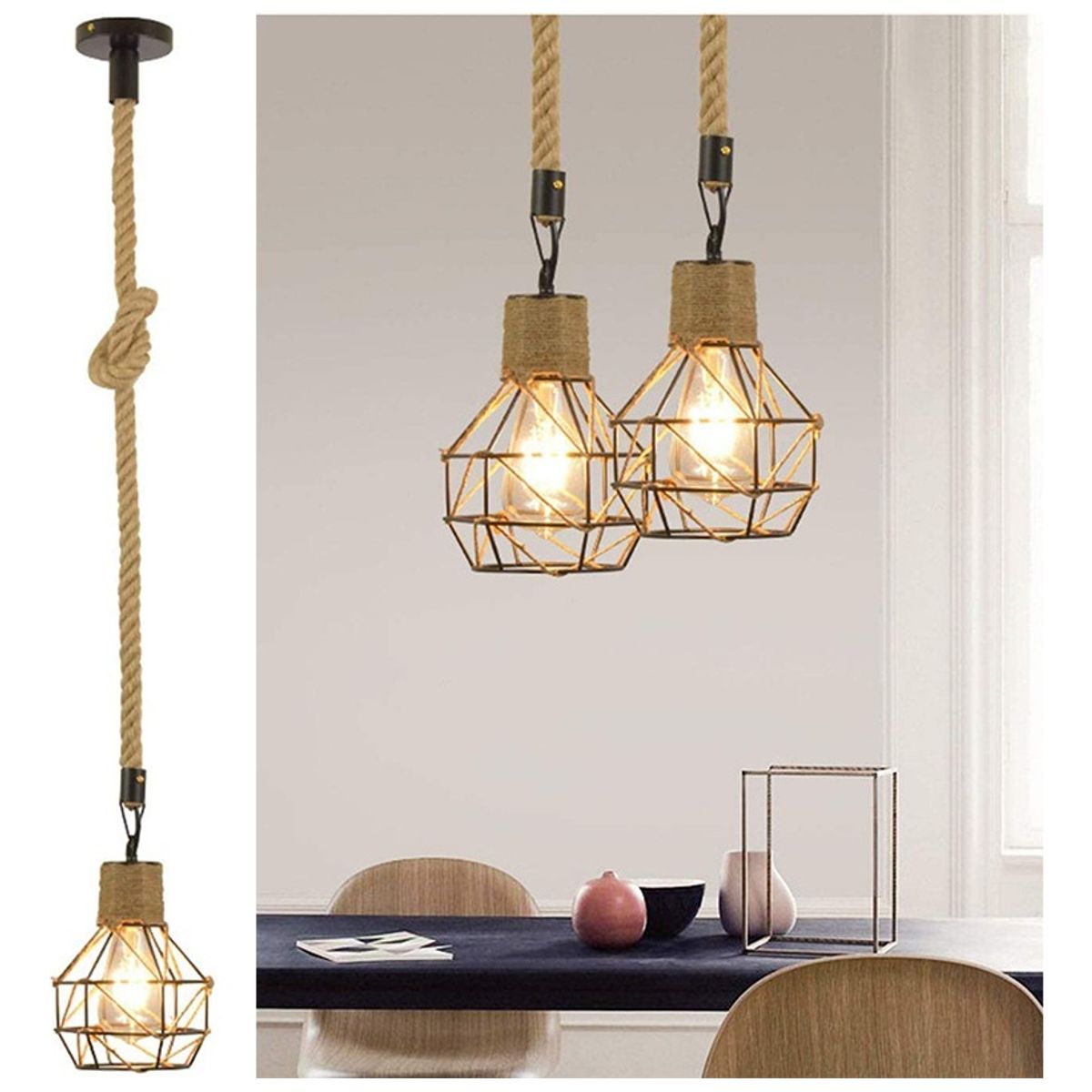 HOME NEAT - Lámpara de Techo Vintage 15 cm con Cuerda de Cáñamo
