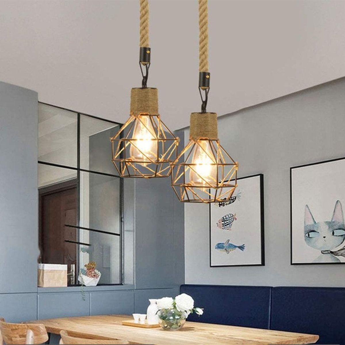 HOME NEAT - Lámpara de Techo Vintage 15 cm con Cuerda de Cáñamo