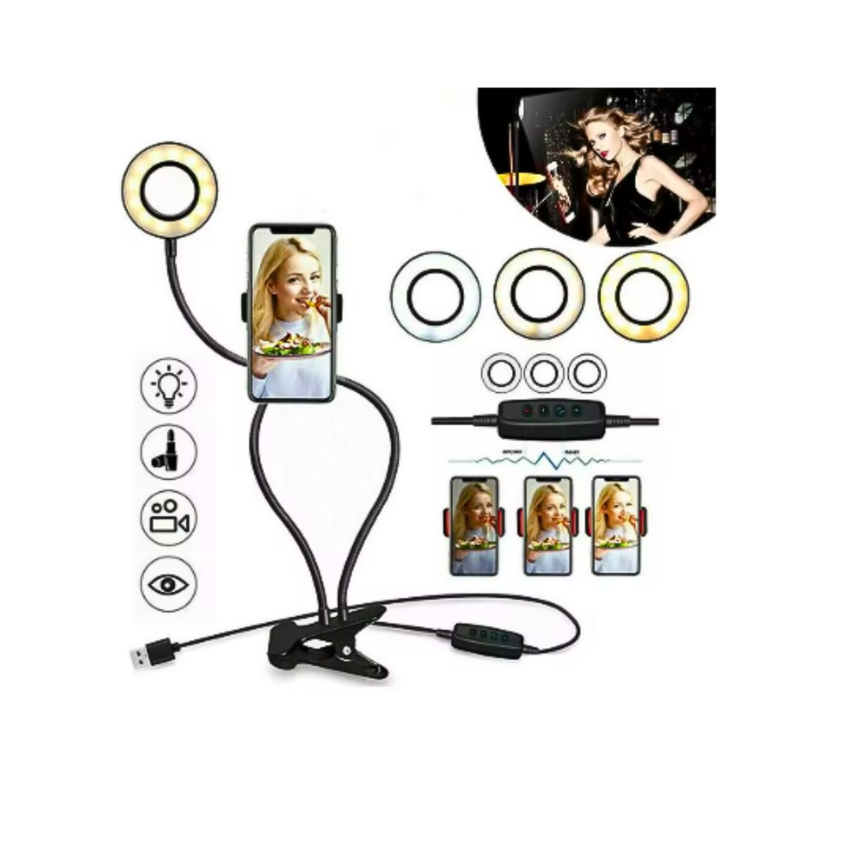 GENERICO - Soporte Clip Para Celular Ajustable Con Aro De Luz 9cm