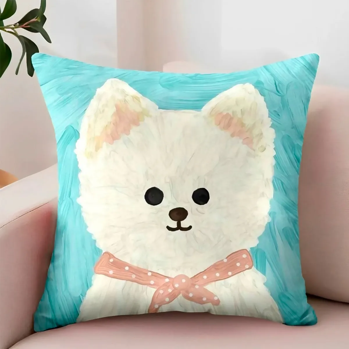 ALTERNATIVE - Funda Decorativa Cachorro Blanco - Fondo Azul 45x45 cm - 781