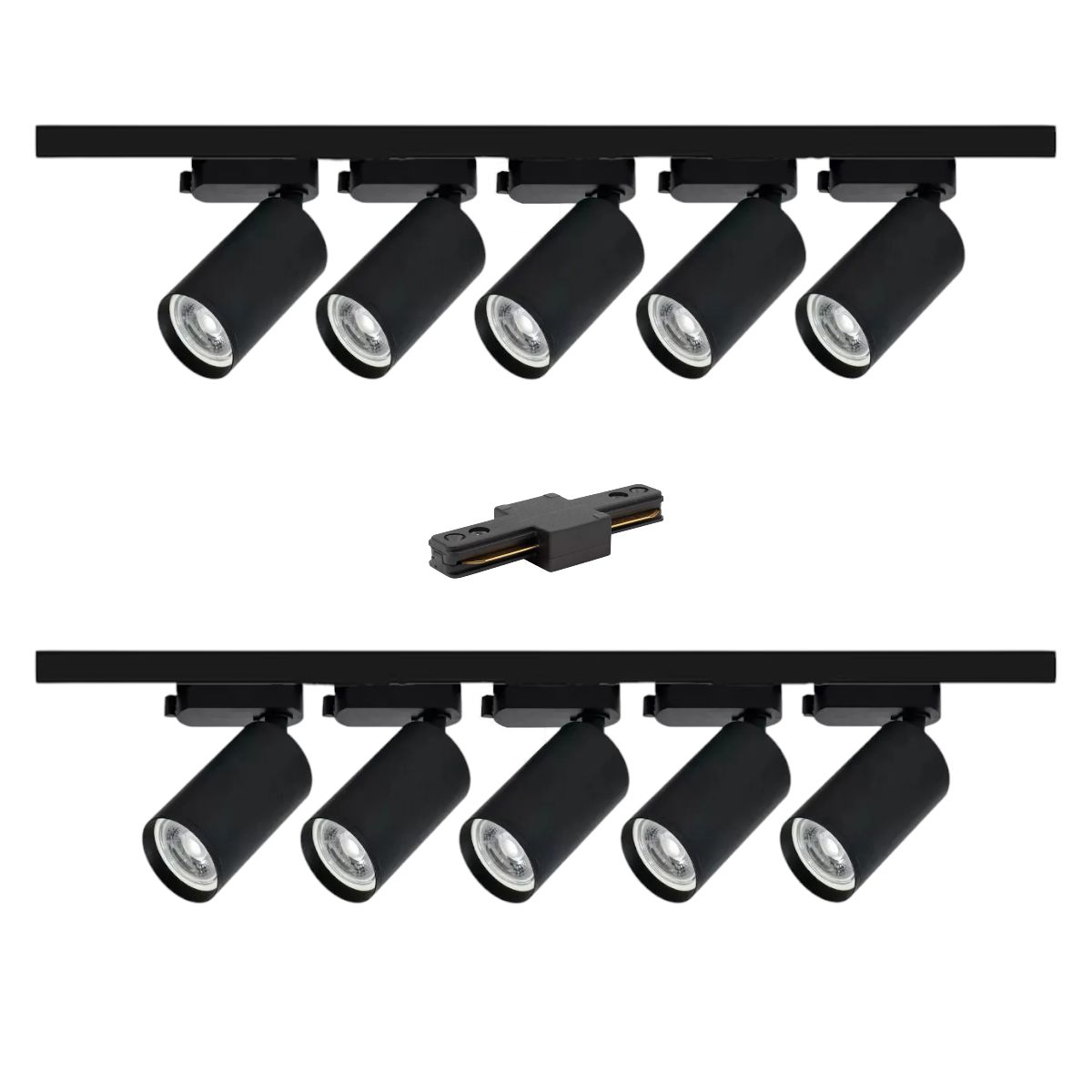 WANT - Lámpara 10 Focos Negros Luz Cálida con 2 Riel de 1 mt más Unión