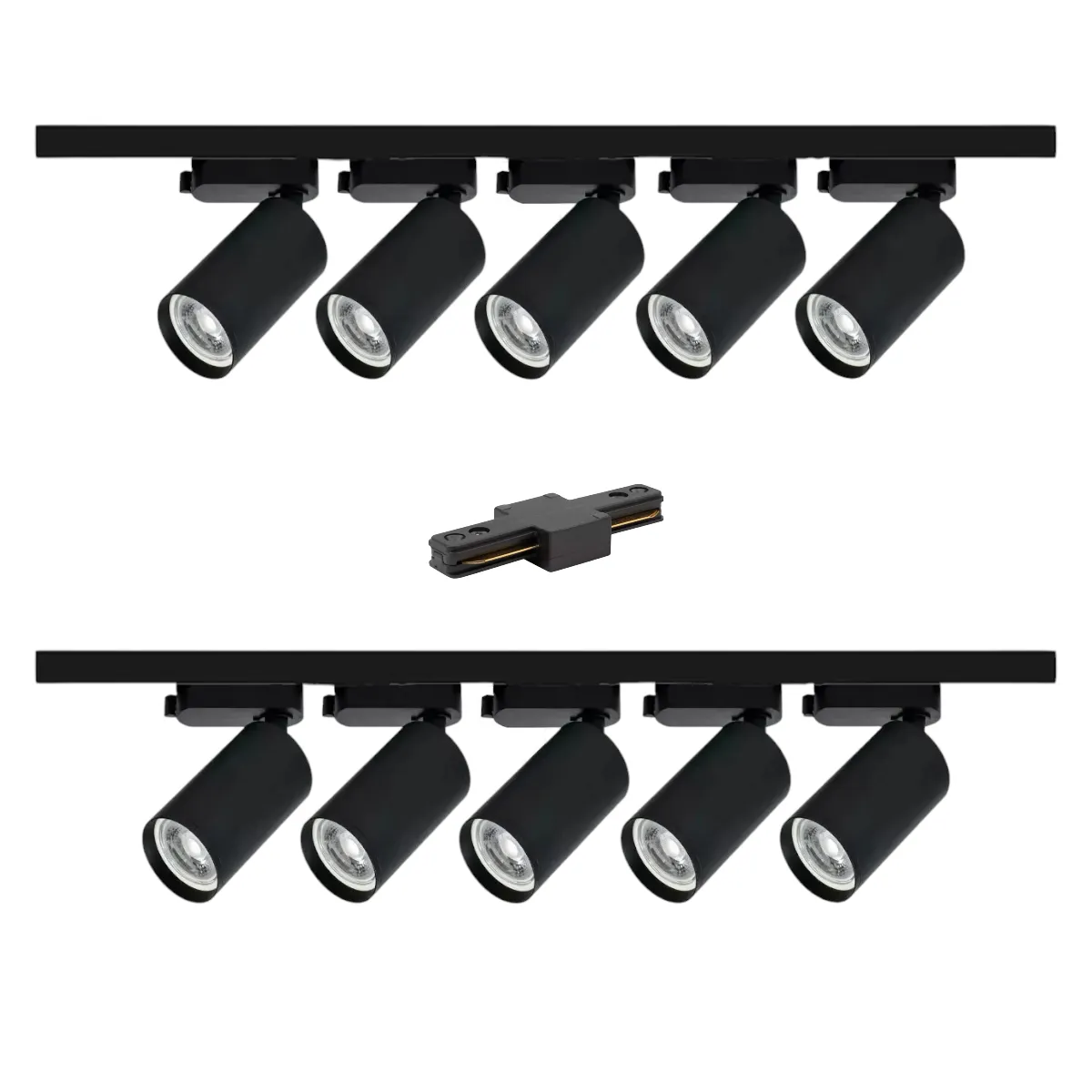 WANT - Lámpara 10 Focos Negros Luz Cálida con 2 Riel de 1 mt más Unión
