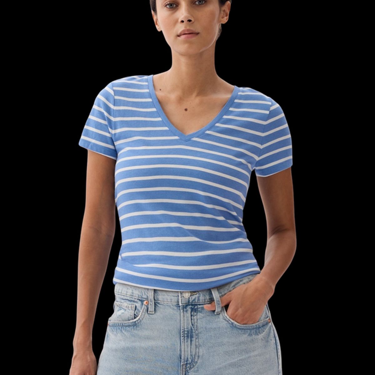 GAP - Polera Cuello V Manga Corta Mujer Azul