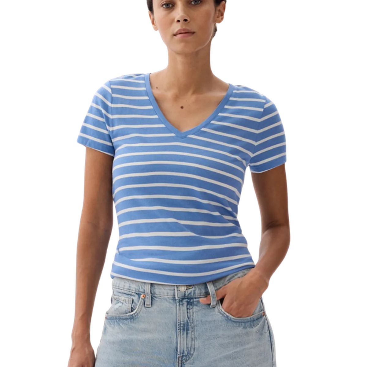 GAP - Polera Cuello V Manga Corta Mujer Azul