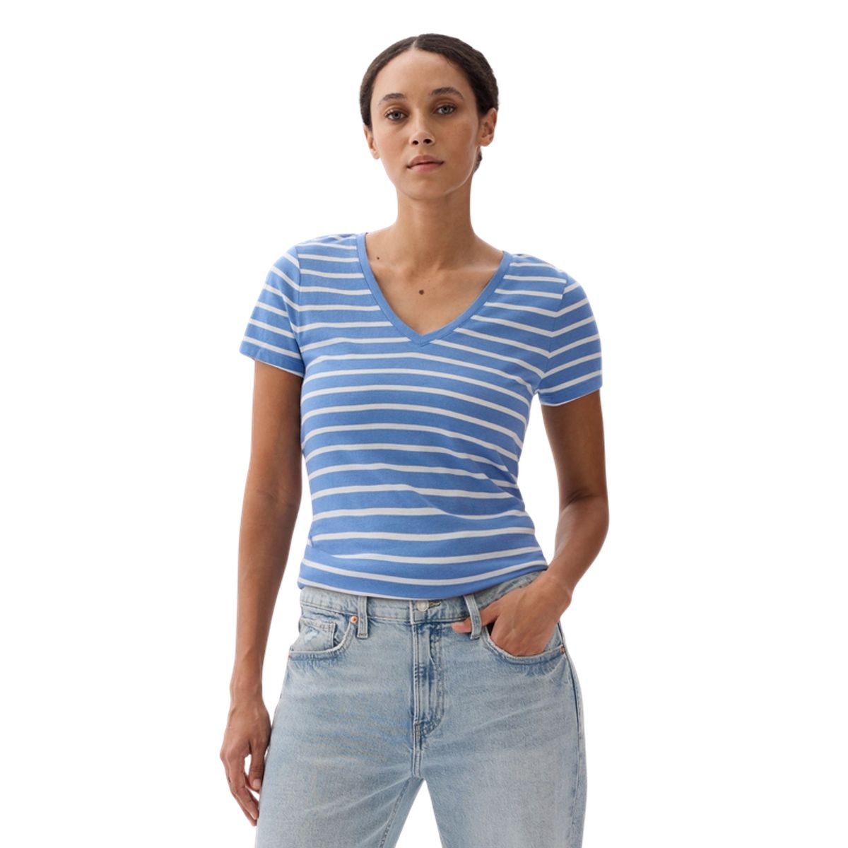 GAP - Polera Cuello V Manga Corta Mujer Azul