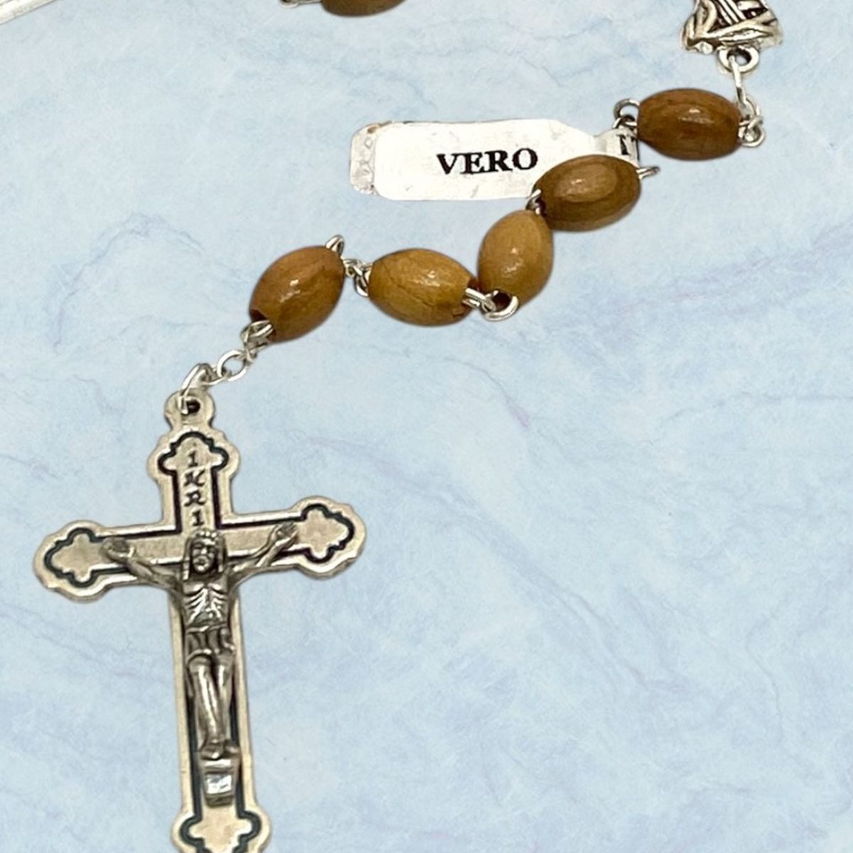 GENERICO - Rosario Católico de  Madera de Olivo.  8mm x 4mm. Hecho en Italia.