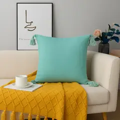 ALTERNATIVE - Funda De Cojín 45x45 Cm Turquesa Con Borlas Decorativas 6615.