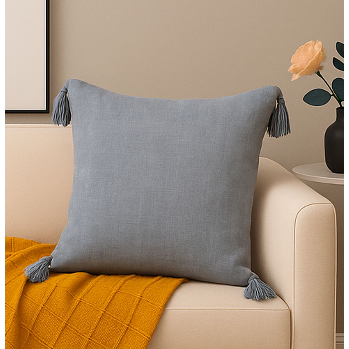 ALTERNATIVE - Funda Cojín Moderna - Gris 45x45 cm con Borlas Chic - 615