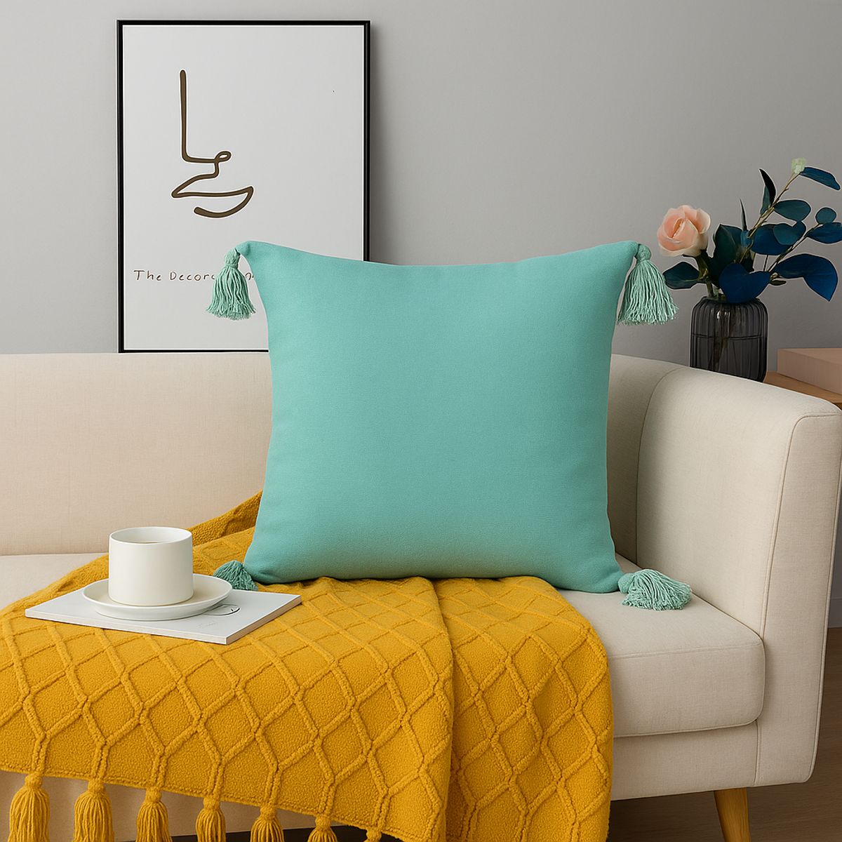 ALTERNATIVE - Funda Cojín Turquesa - 45x45 cm con Borlas Decorativas - 615