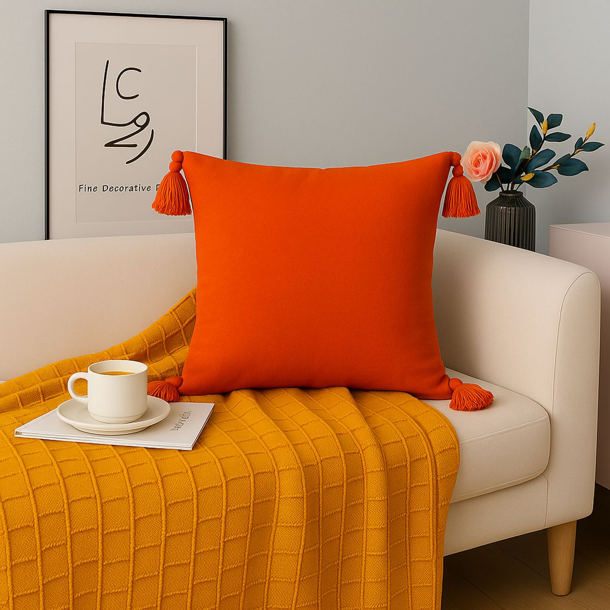 ALTERNATIVE - Funda Cojín 45x45 - Naranja con Borlas Decorativas - 615