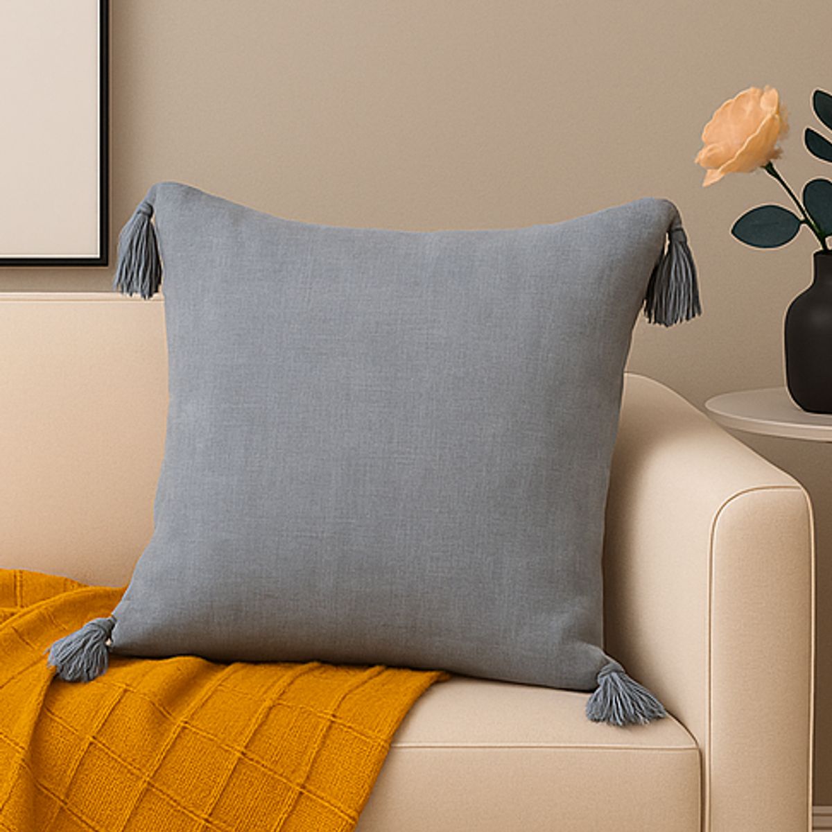 ALTERNATIVE - Funda Cojín Gris - 45x45 cm Estilo Moderno con Borlas - 615