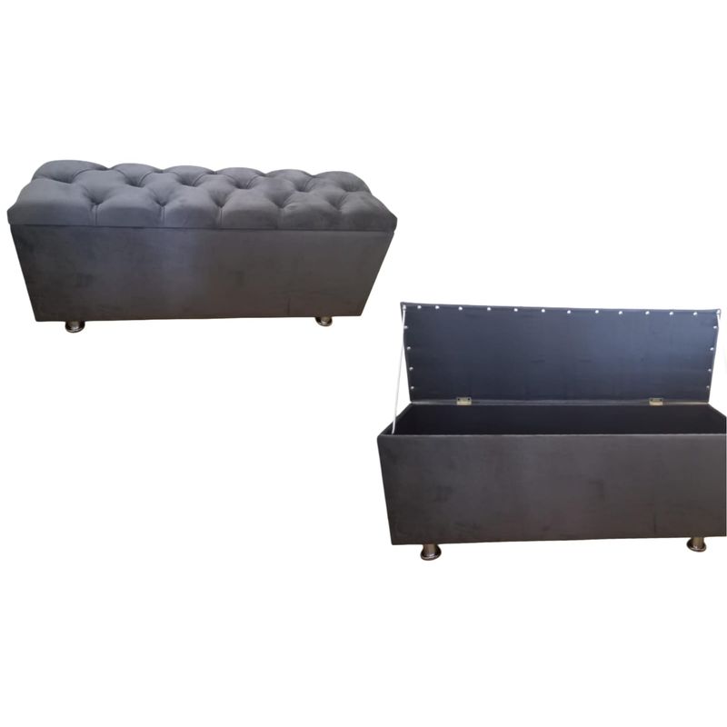 MUEBLES DE MADERA - Banqueta baúl tapizada en felpa gris plomo con espacio de guardado
