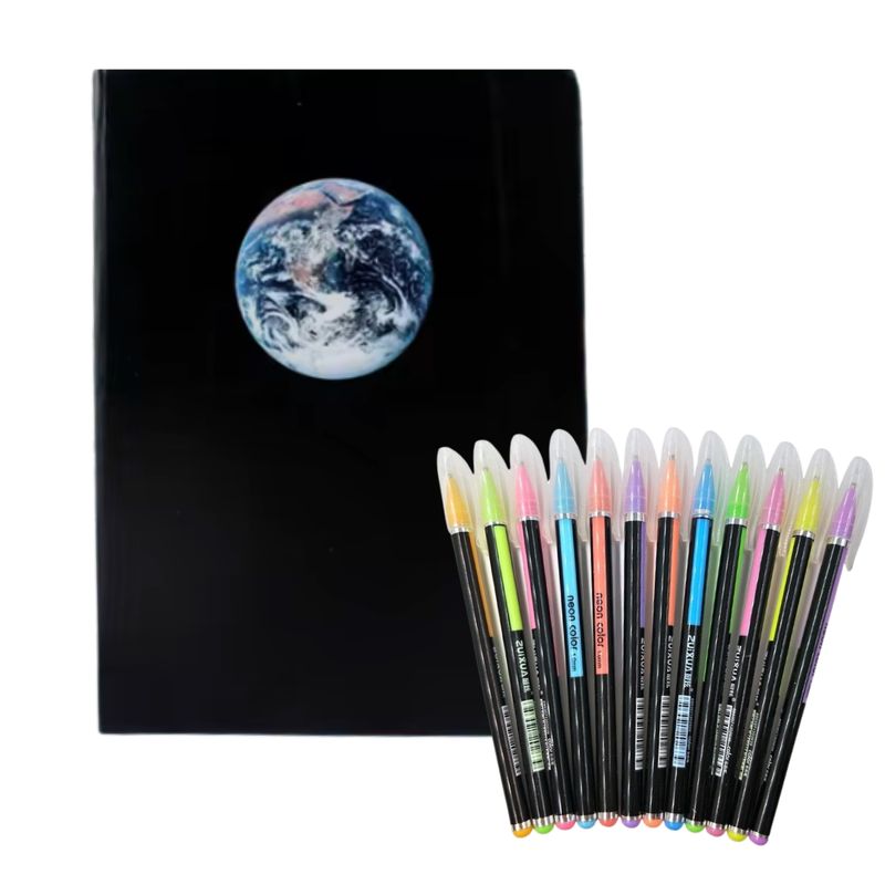 GENERICO - Cuaderno Hojas Negras + 12 Lápices Gel Colores Pasteles