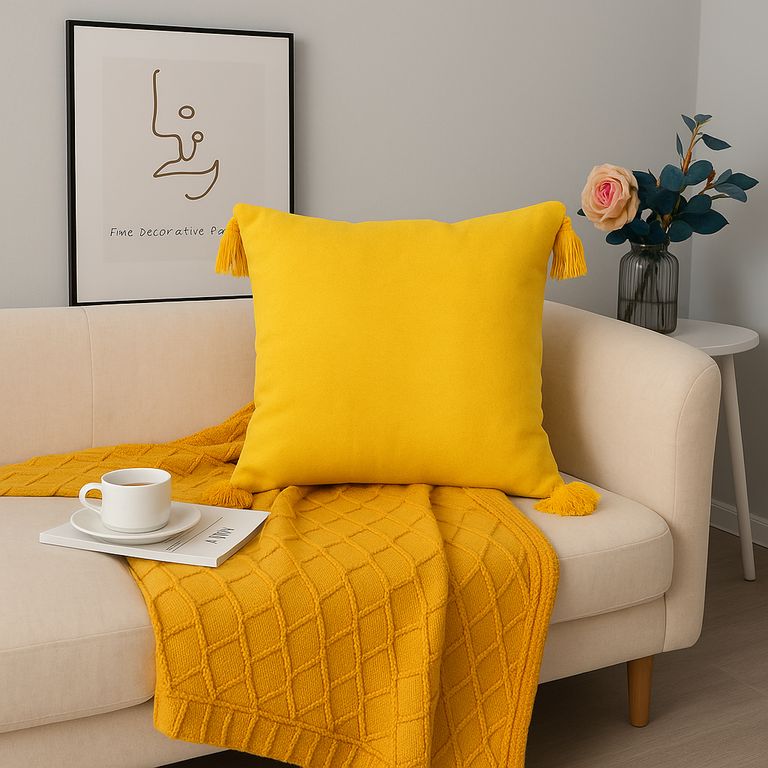 ALTERNATIVE Funda De Cojín 45x45 Cm Amarillo Con Borlas Decorativas 615