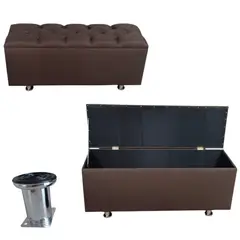 MUEBLES DE MADERA - Banqueta baúl tapizada en lino café con espacio de guardado