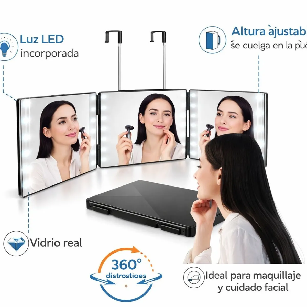 GENERICO - Espejo Triple 360 Con Luz Corte De Pelo Profesional 3 Vias Ajustable Portatil Para Barberia Y Hogar