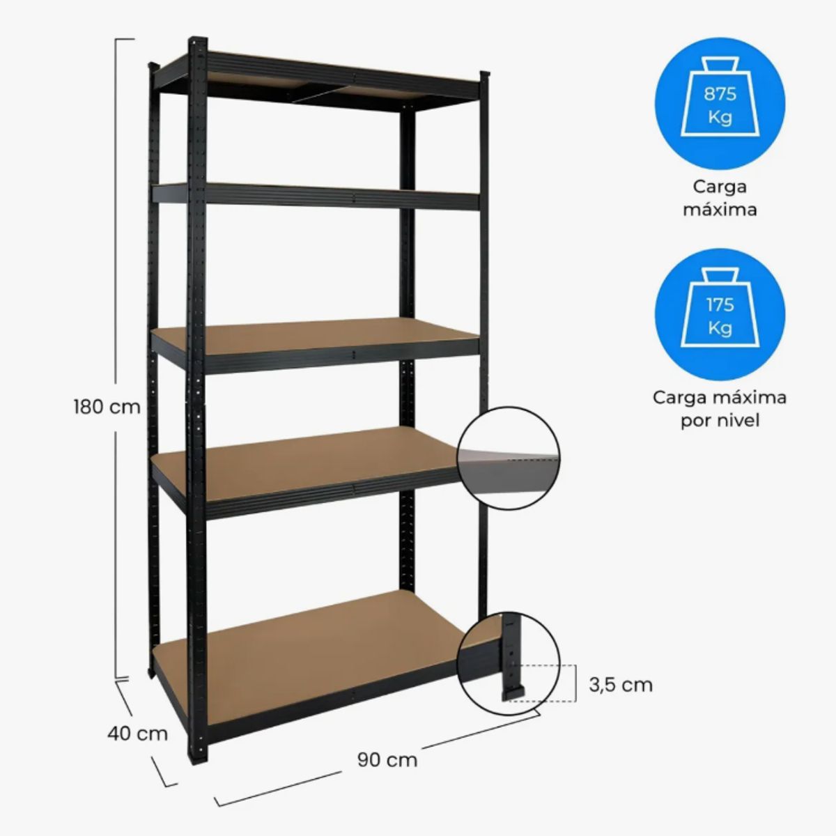 GENERICO - Repisa Estante Metálico Negro Ajustable 90x40x180cm
