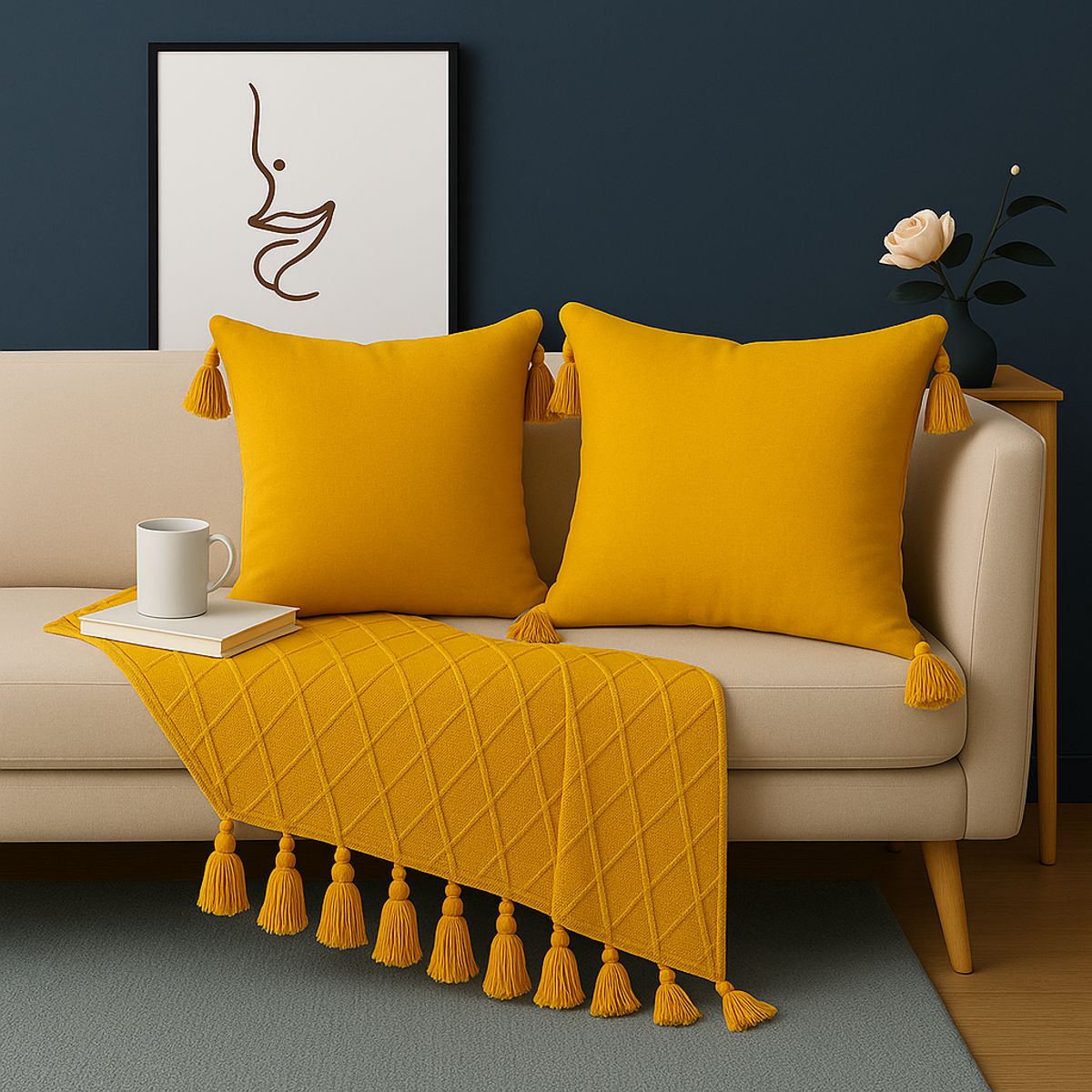 ALTERNATIVE - Pack 2 Funda Cojín 45x45 cm - Amarillo y Borlas Chic - 615