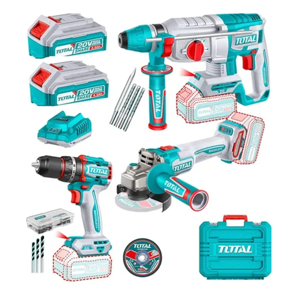 TOTAL TOOLS - Kit Taladro + Galletera Esmeril + Rotomartillo 20v Total