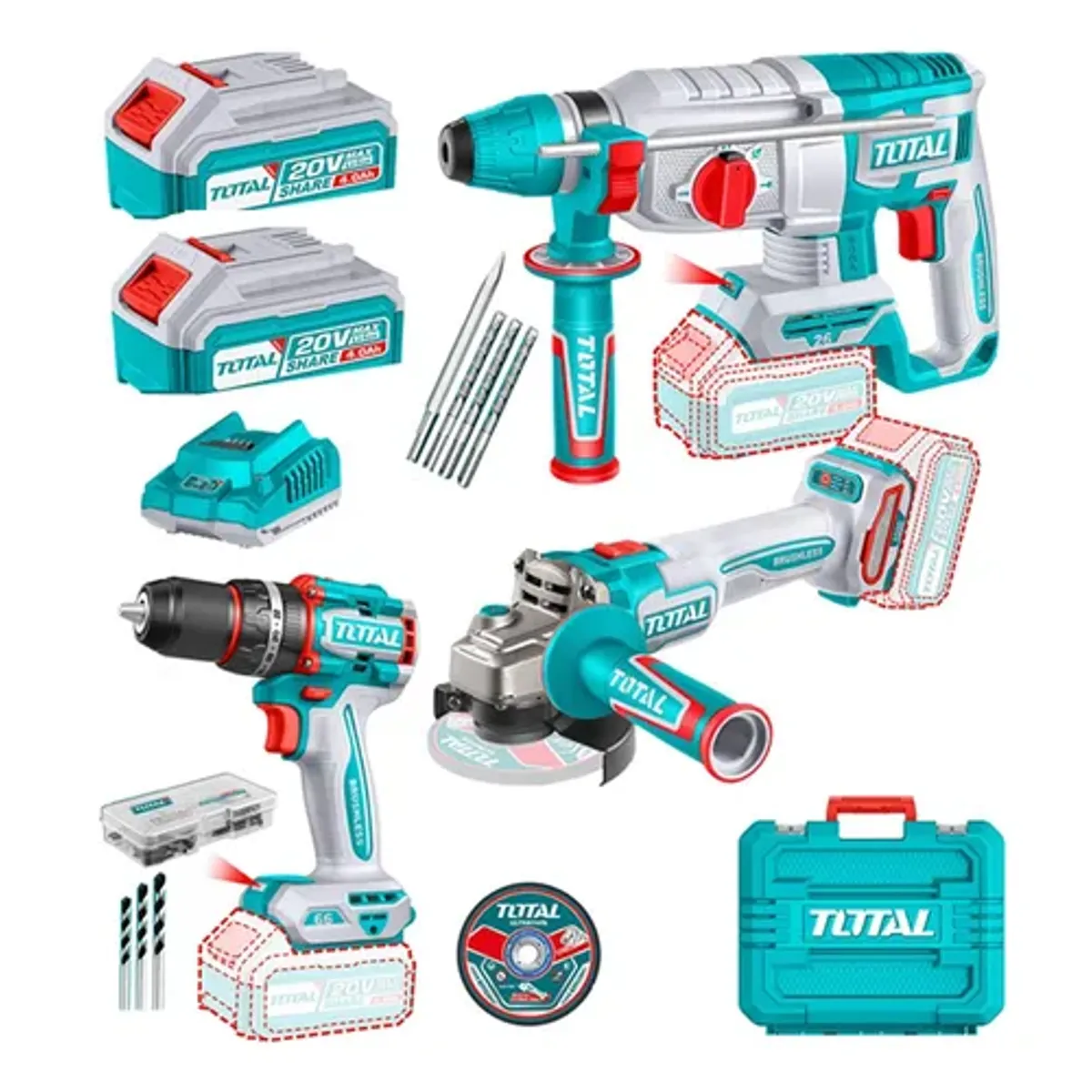 TOTAL TOOLS - Kit Taladro + Galletera Esmeril + Rotomartillo 20v Total