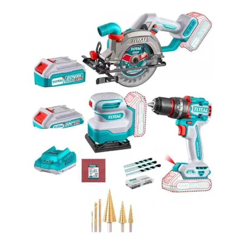 TOTAL TOOLS - Kit Taladro Percutor + Sierra Circular + Lijadora 20v Total.