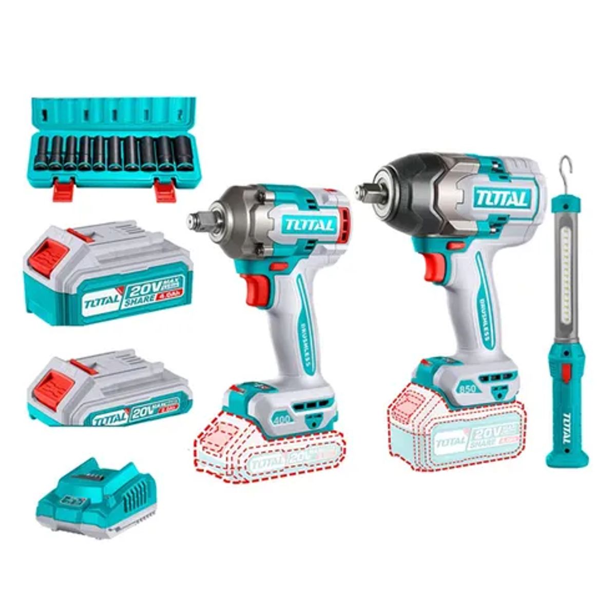 TOTAL TOOLS - Kit Llave Impacto 400nm Y 850nm + Dados + Lampara Total
