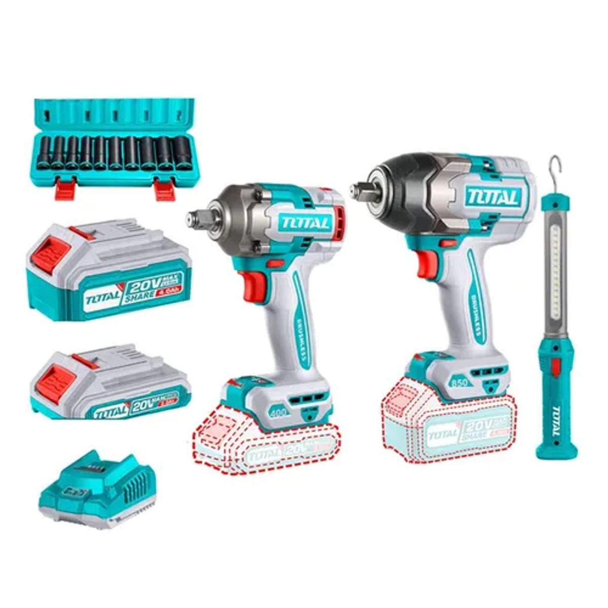 TOTAL TOOLS - Kit Llave Impacto 400nm Y 850nm + Dados + Lampara Total