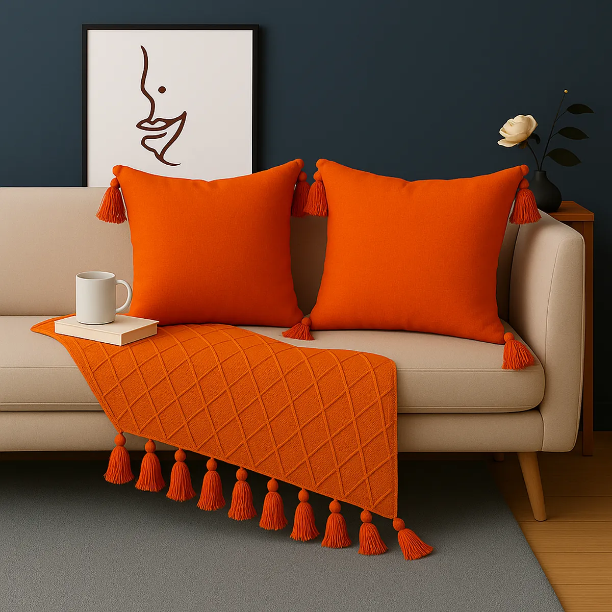 ALTERNATIVE - Pack 2 Fundas 45x45 cm - Naranja con Borlas Elegantes - 615