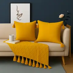 ALTERNATIVE - Pack 2 Funda Cojín 45x45 cm - Amarillo y Borlas Chic - 615