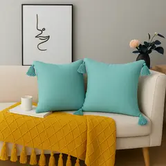 ALTERNATIVE - Pack 2 Fundas 45x45 cm - Cojín Turquesa con Borlas - 615