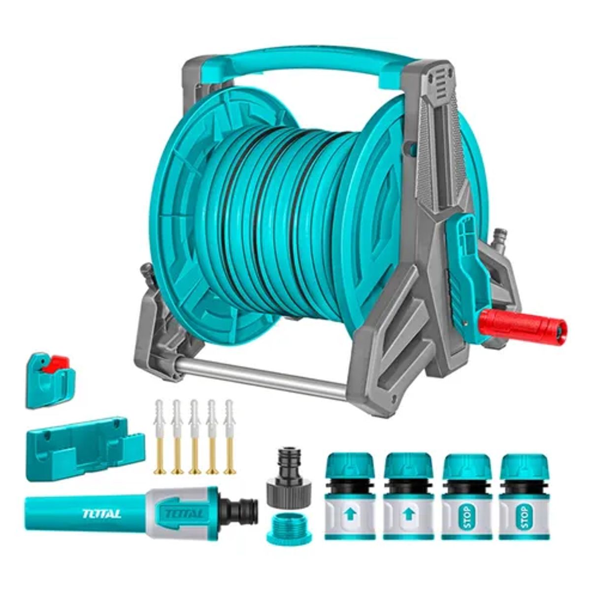 TOTAL TOOLS - Carrete Manguera 20m Y Pulverizador Accesorios Jardín Total.