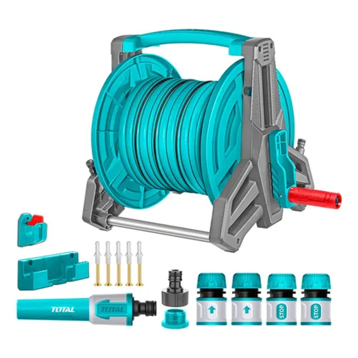 TOTAL TOOLS - Carrete Manguera 20m Y Pulverizador Accesorios Jardín Total.
