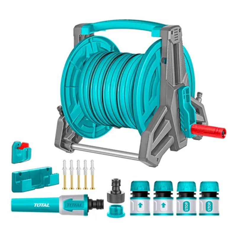 TOTAL TOOLS - Carrete Manguera 20m Y Pulverizador Accesorios Jardín Total.