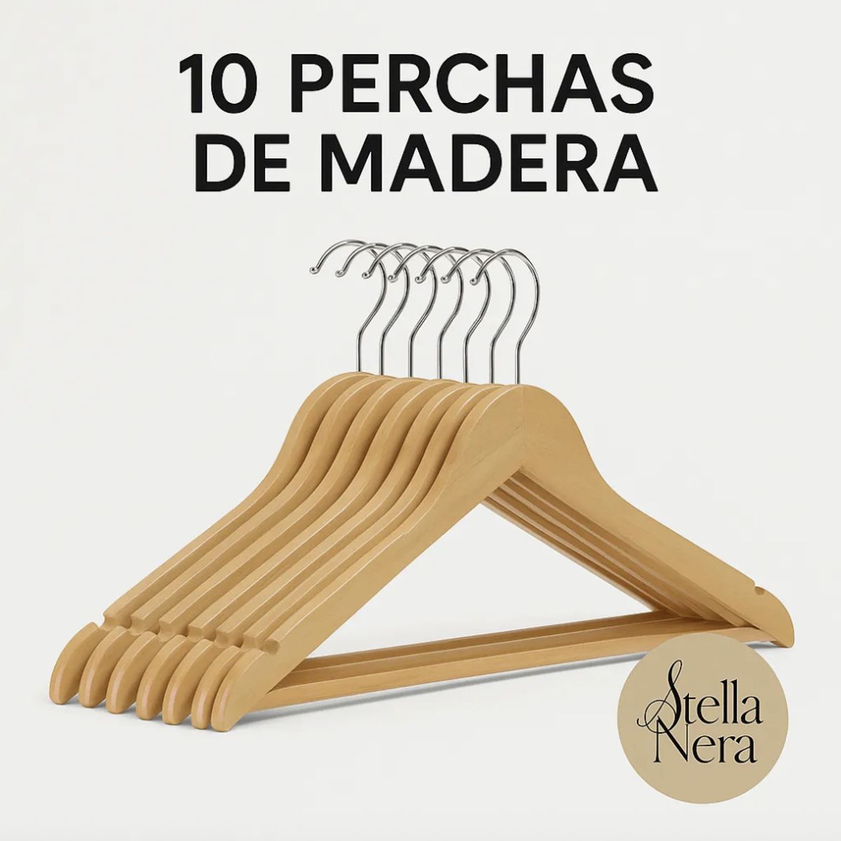 GENERICO - Set De 10 Perchas De Madera Con Gancho De Acero Reforzado Para Ropa 45 Cm X 15 Cm