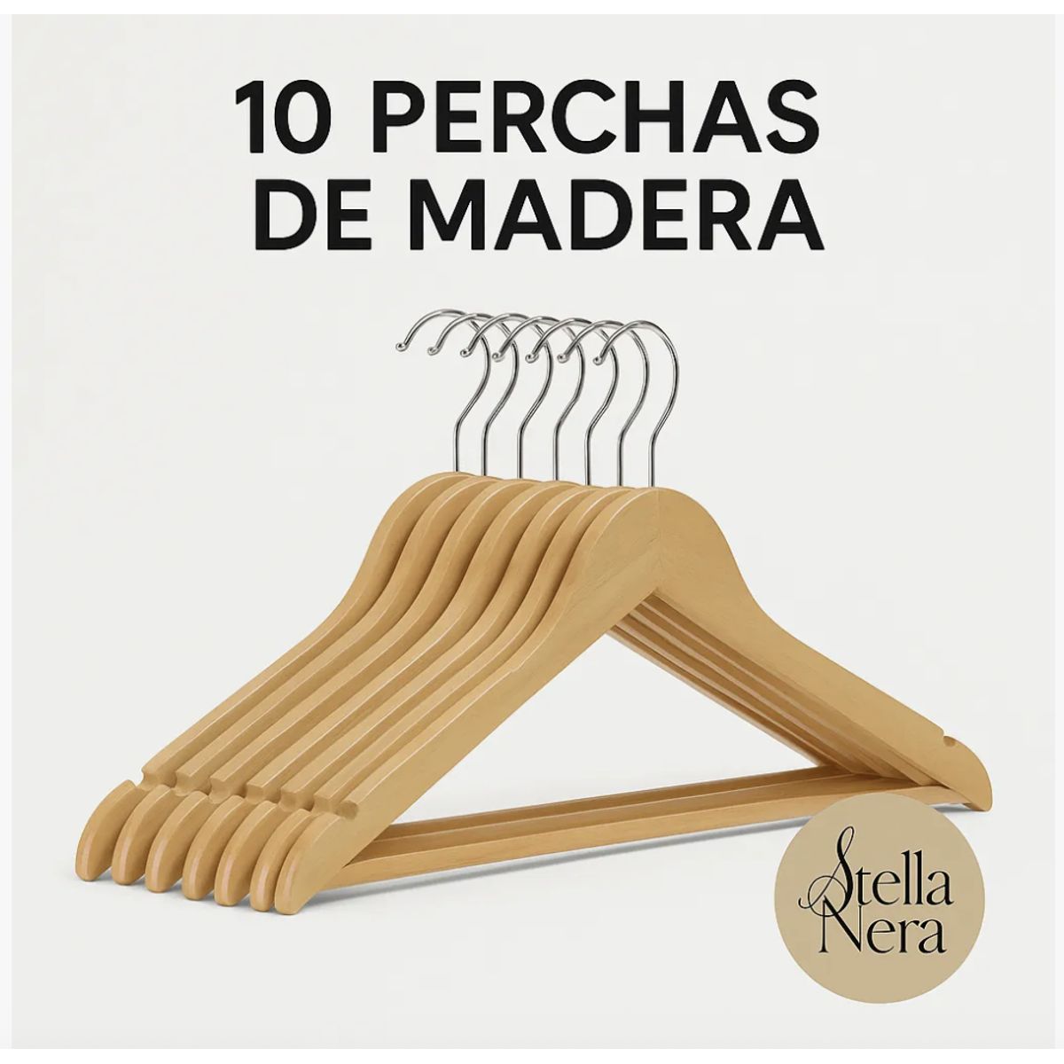 GENERICO - Set De 10 Perchas De Madera Con Gancho De Acero Reforzado Para Ropa 45 Cm X 15 Cm