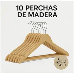 GENERICO - Set De 10 Perchas De Madera Con Gancho De Acero Reforzado Para Ropa 45 Cm X 15 Cm