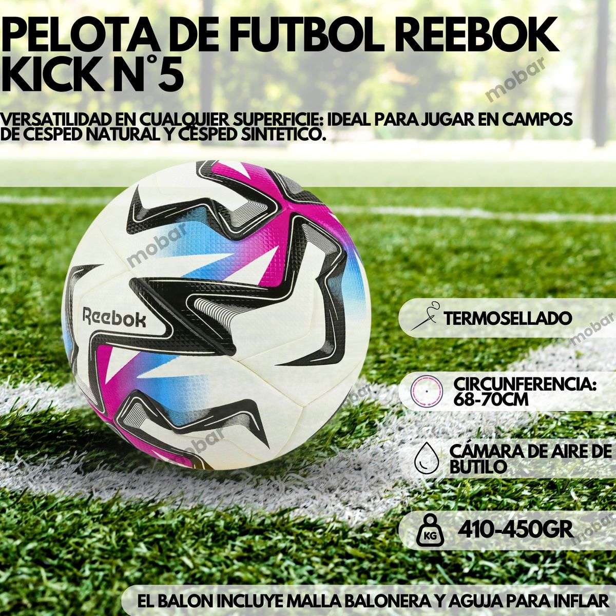 REEBOK - Balon Futbol Pelota Reebok Kick N°5 Profesional Termosellado