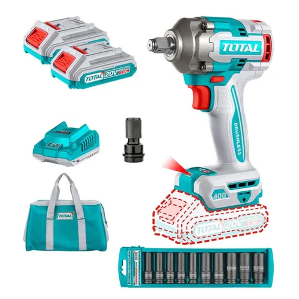 TOTAL TOOLS - Taladro Pistola Llave Impacto 20v 2bat+ Carg+ Dados Total