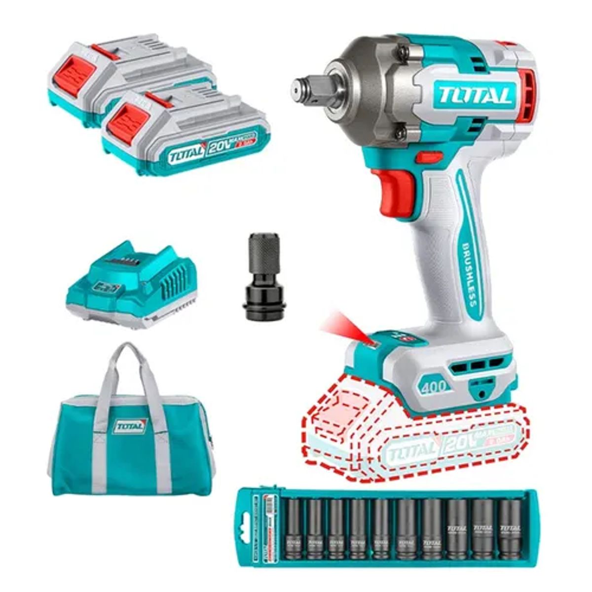 TOTAL TOOLS - Taladro Pistola Llave Impacto 20v 2bat+ Carg+ Dados Total
