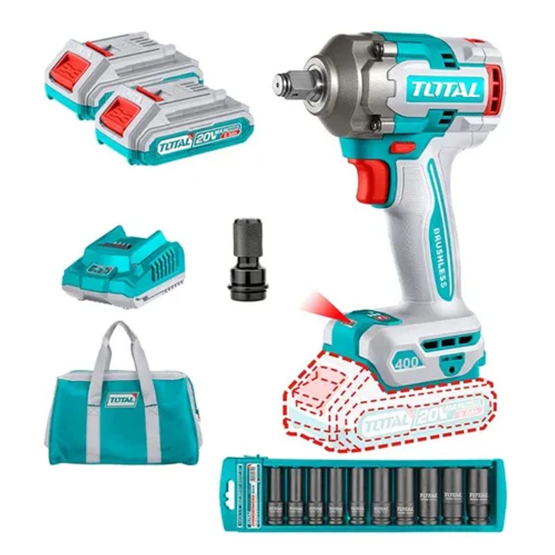 TOTAL TOOLS - Taladro Pistola Llave Impacto 20v 2bat+ Carg+ Dados Total.