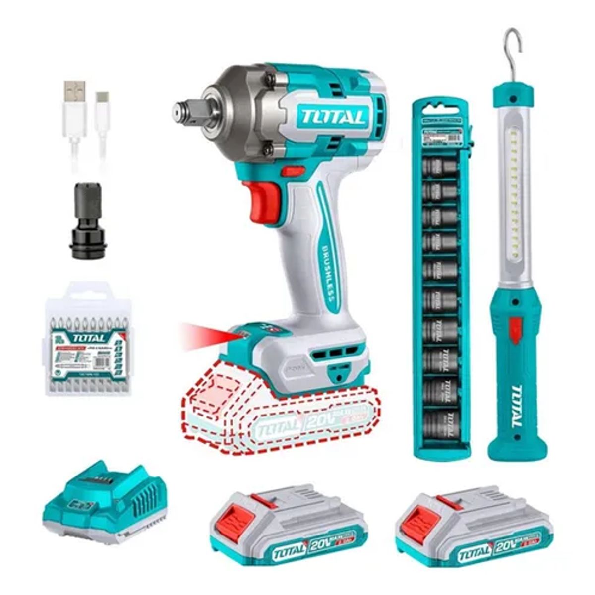 TOTAL TOOLS - Kit Llave De Impacto 20v + Dados Y Puntas+ Lampara Led Total