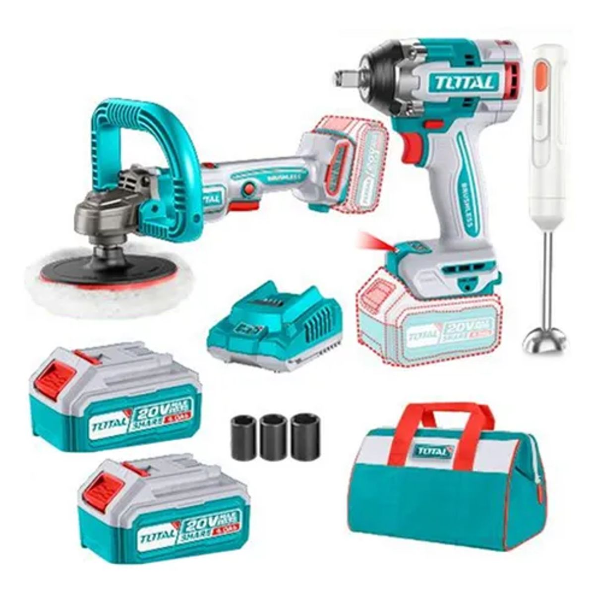 TOTAL TOOLS - Kit Llave De Impacto+ Pulidora+ Batidora Multimixer 20v