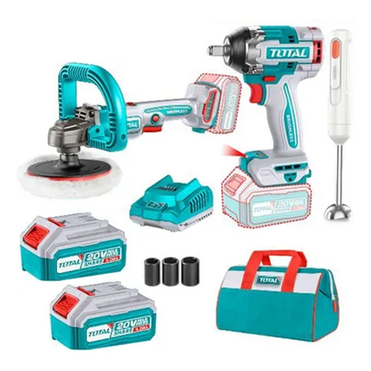 TOTAL TOOLS - Kit Llave De Impacto+ Pulidora+ Batidora Multimixer 20v