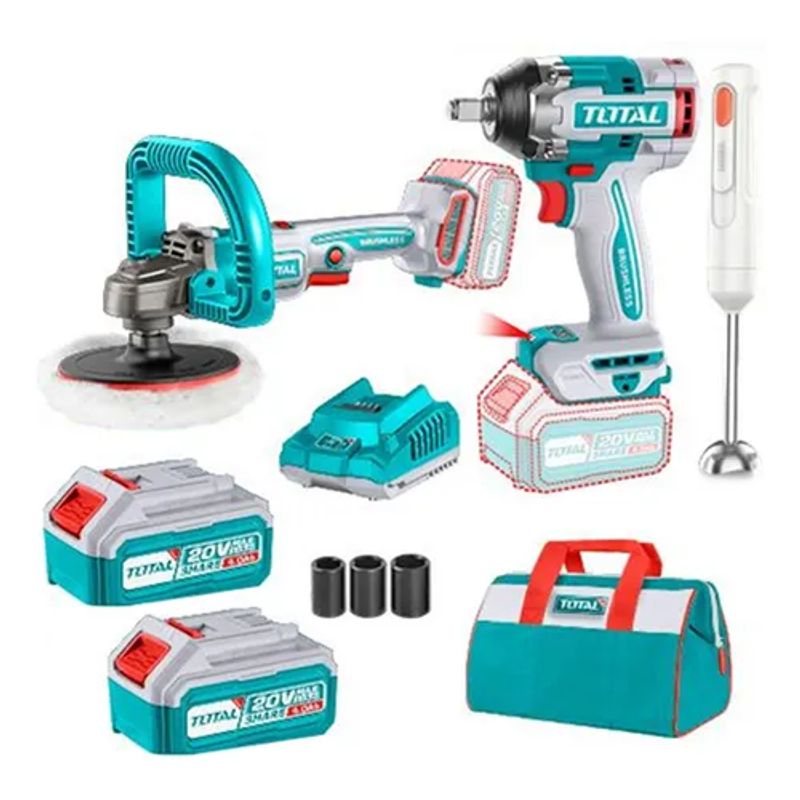 TOTAL TOOLS - Kit Llave De Impacto+ Pulidora+ Batidora Multimixer 20v.