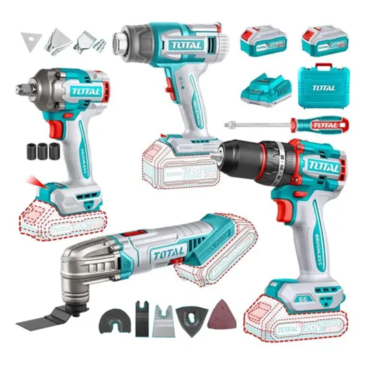 TOTAL TOOLS - Llave Impacto+ Taladro+ Pistola De Calor+oscilante 20v Total