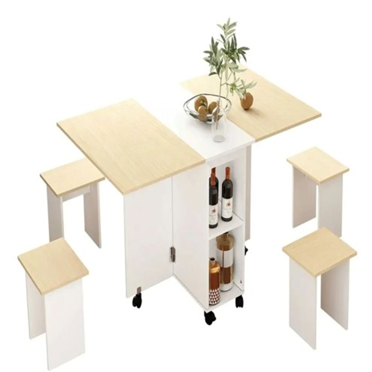 PERFECT SEAT - COMEDOR PLEGABLE MULTIUSO + 4 TABURETES BLANCO/CAFE CON LECHE