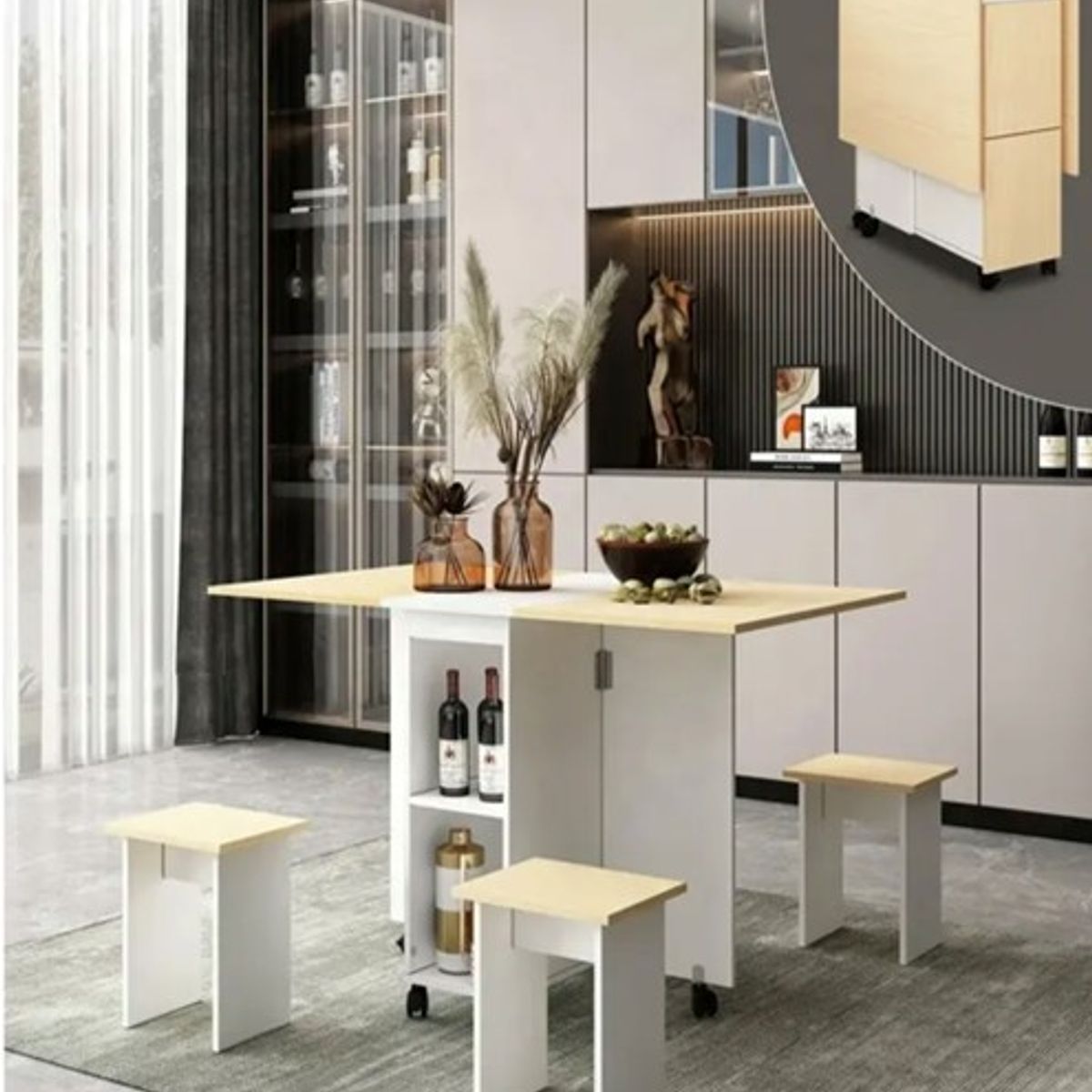 PERFECT SEAT - COMEDOR PLEGABLE MULTIUSO + 4 TABURETES BLANCO/CAFE CON LECHE