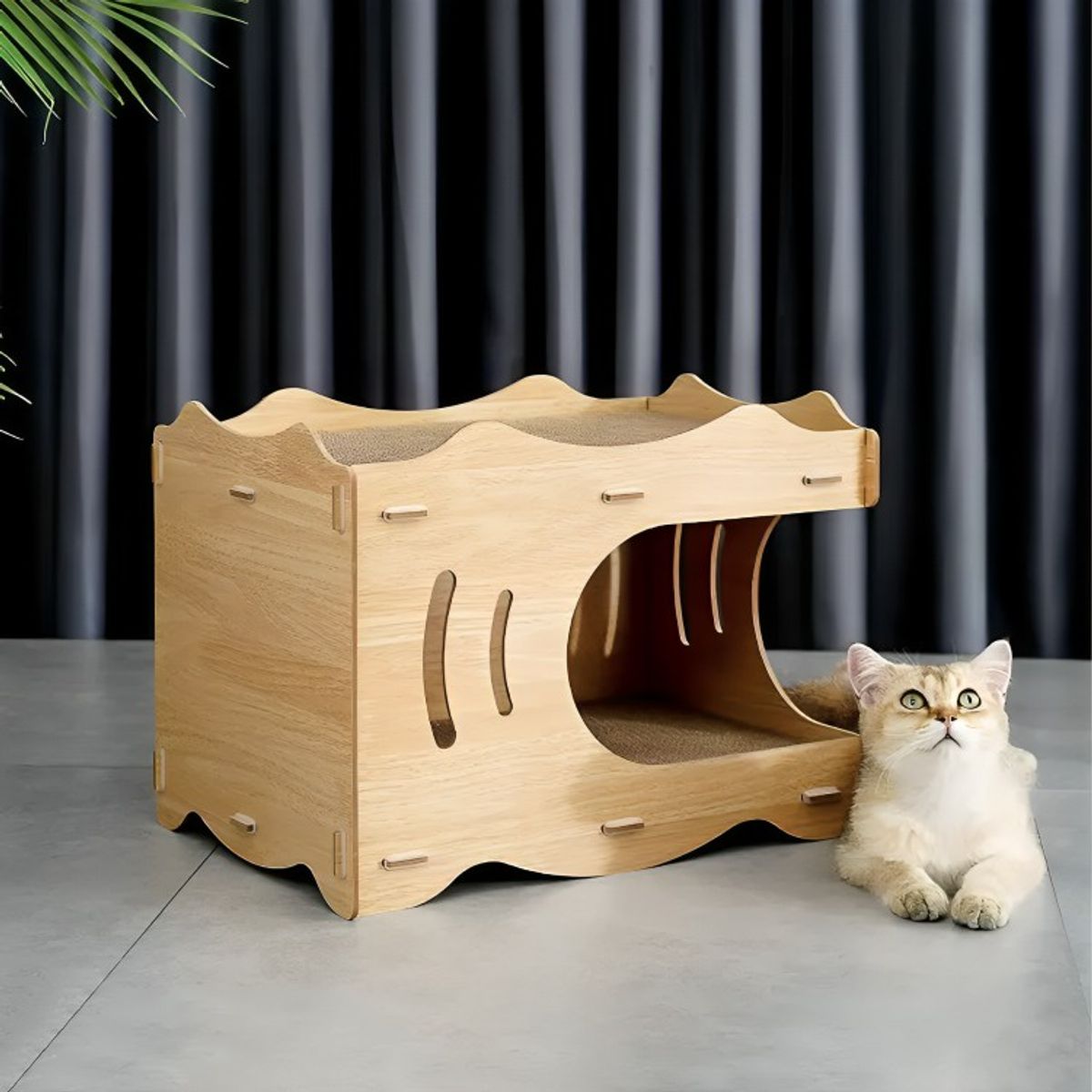 GENERICO - Cama Casa De Madera Para Gatos Con Rascador Interno.